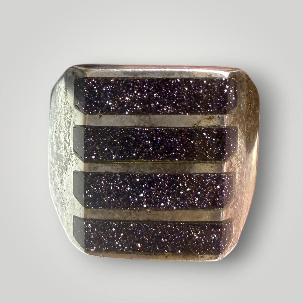 Mexican 925 Sterling Silver Purple Goldstone Inlay Modernist Statement Ring